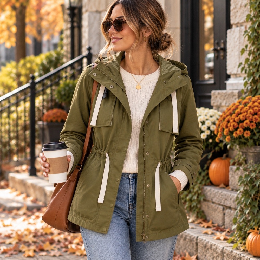 Old Navy Olive Green Utility Jacket Women's S Hooded Anorak Cinch Waist Fall